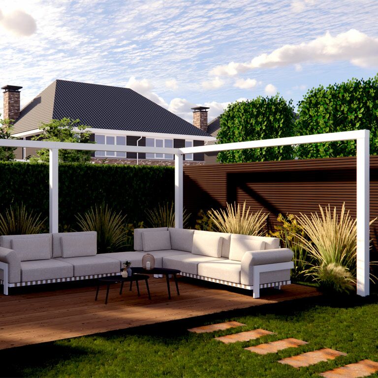 Gepoedercoat staal pergola hoekopstelling 600 x 412 cm