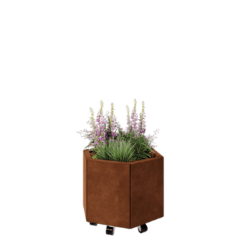 Cortenstaal plantenbak - Zeshoek - 59,3 x 52 x 40 cm - Met bodemplaat - Met wielen