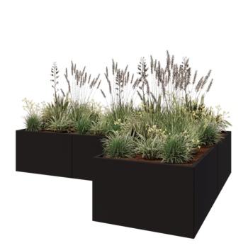 Stalen plantenbak - L-vorm - 300 x 200 x 60 cm - RAL9005 mat (zwart) - Met bodemplaat