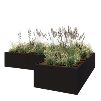 Stalen plantenbak - L-vorm - 360 x 240 x 60 cm - RAL9005 mat (zwart) - Met bodemplaat