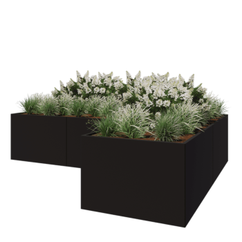 Stalen plantenbak - L-vorm - 360 x 240 x 80 cm - RAL9005 mat (zwart) - Met bodemplaat