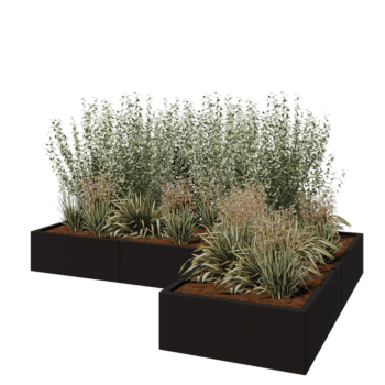 Stalen plantenbak - L-vorm - 240 x 160 x 30 cm - RAL9005 mat (zwart) - Met bodemplaat