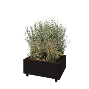 Stalen plantenbak - Rechthoek - 80 x 60 x 30 cm - RAL9005 mat (zwart) - Met bodemplaat - Met wielen