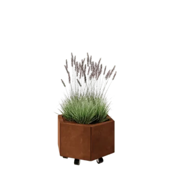 Cortenstaal plantenbak - Zeshoek - 59,3 x 52 x 30 cm - Met bodemplaat - Met wielen