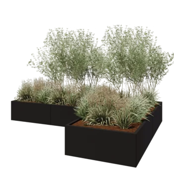 Stalen plantenbak - L-vorm - 300 x 200 x 40 cm - RAL9005 mat (zwart) - Met bodemplaat