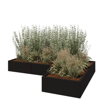 Stalen plantenbak - L-vorm - 240 x 160 x 30 cm - RAL9005 mat (zwart) - Met bodemplaat