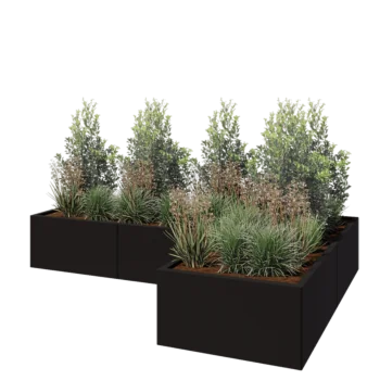 Stalen plantenbak - L-vorm - 240 x 160 x 40 cm - RAL9005 mat (zwart) - Met bodemplaat